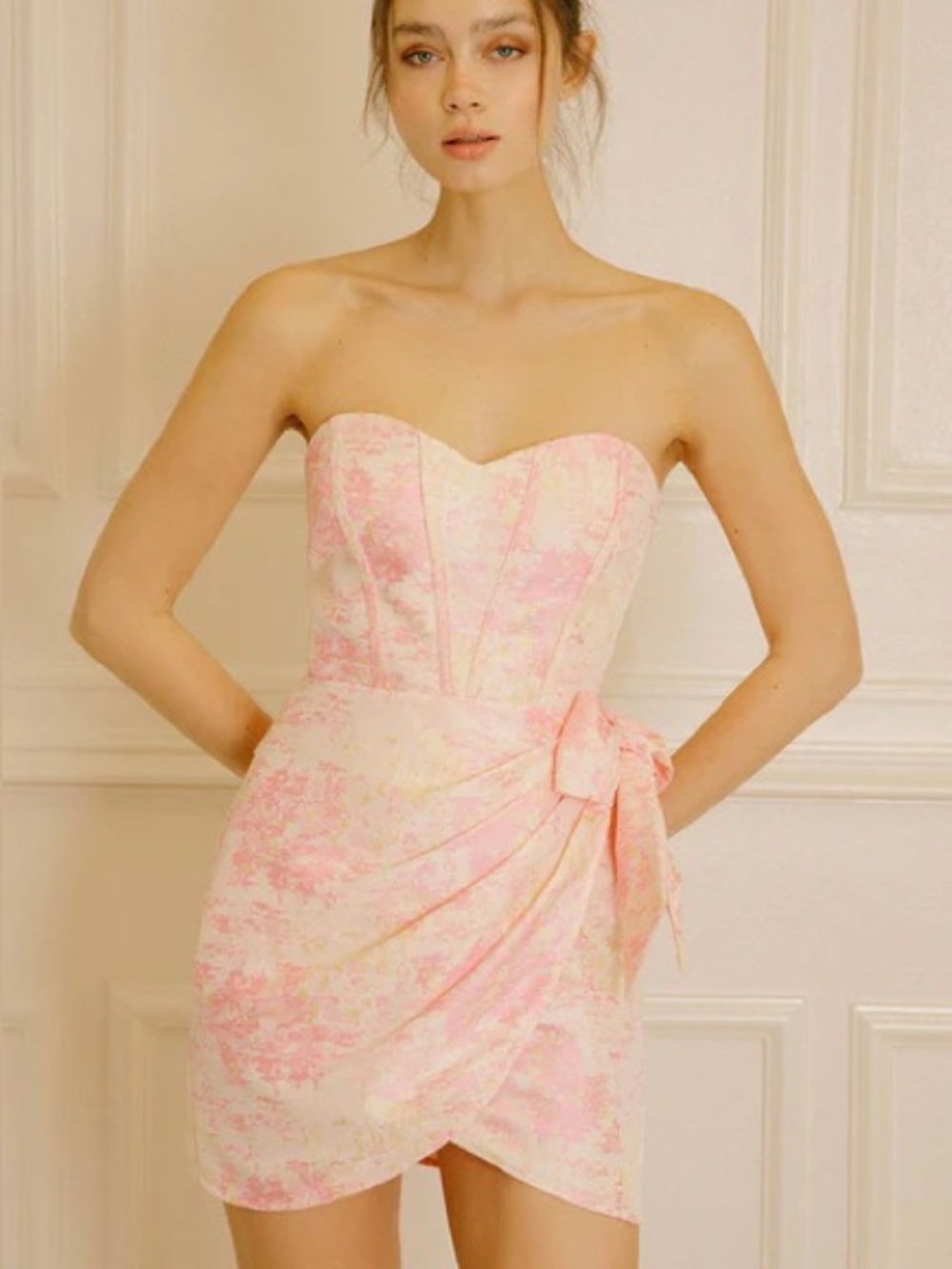 Storia Floral Splotched Embossed Print Strapless Corset Mini Dress Pink Small